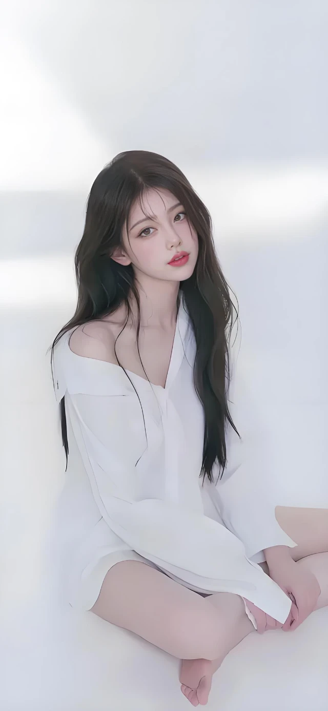 长发白衣女生光腿盘坐壁纸
