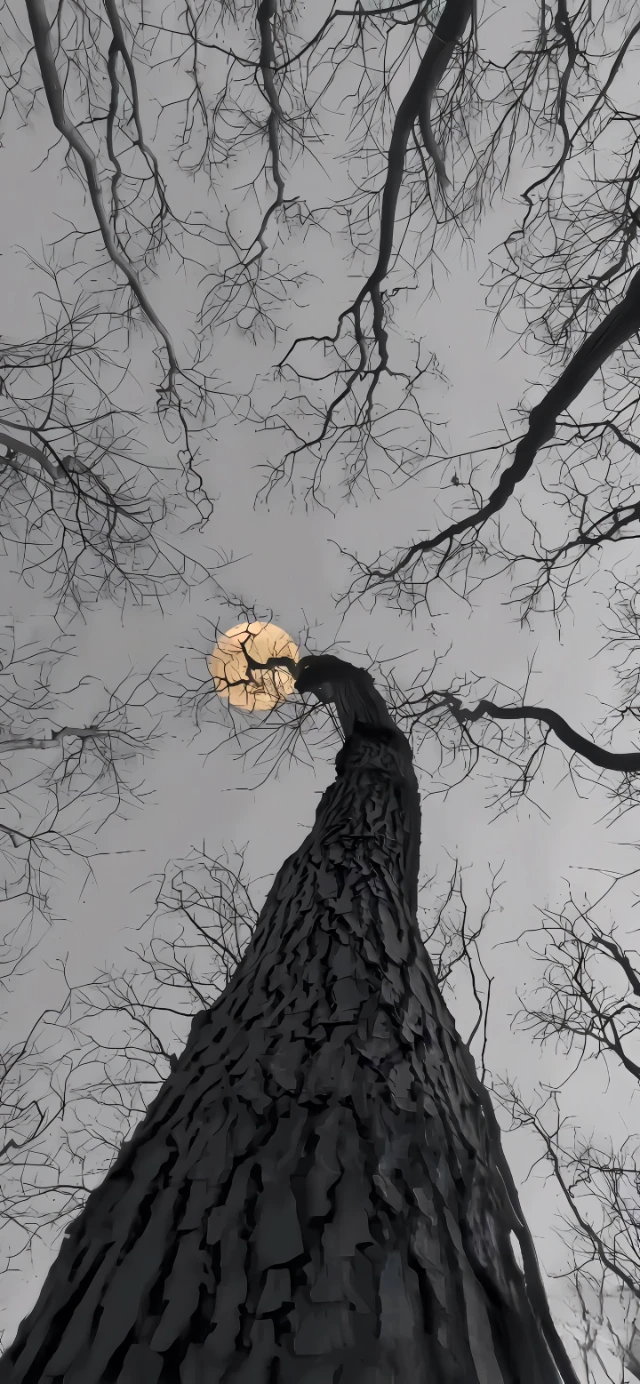 夜晚树下望向头顶的圆月风景壁纸