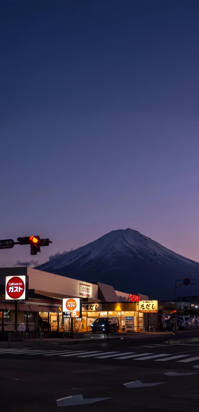 夜晚富士山下明亮的商店风景壁纸