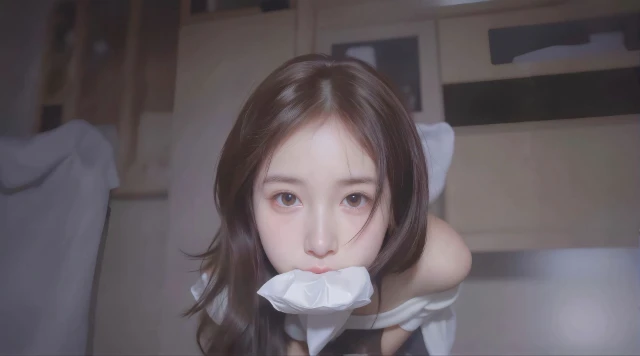 白皙反差女生抬头咬纸巾壁纸