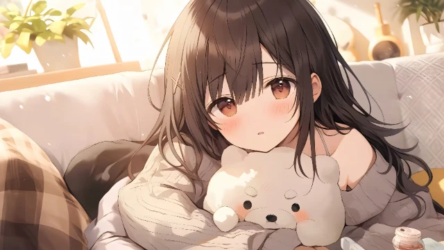 可爱大眼少女抱着小熊二次元壁纸