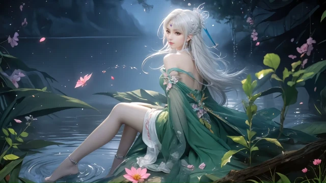 古风绿色长裙美女河边洗脚壁纸