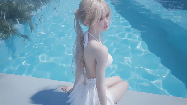 泳池边短裙少女壁纸