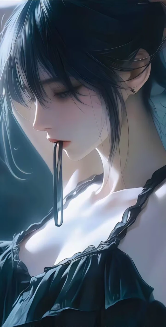 长发吊带睡衣二次元少女咬着皮筋壁纸