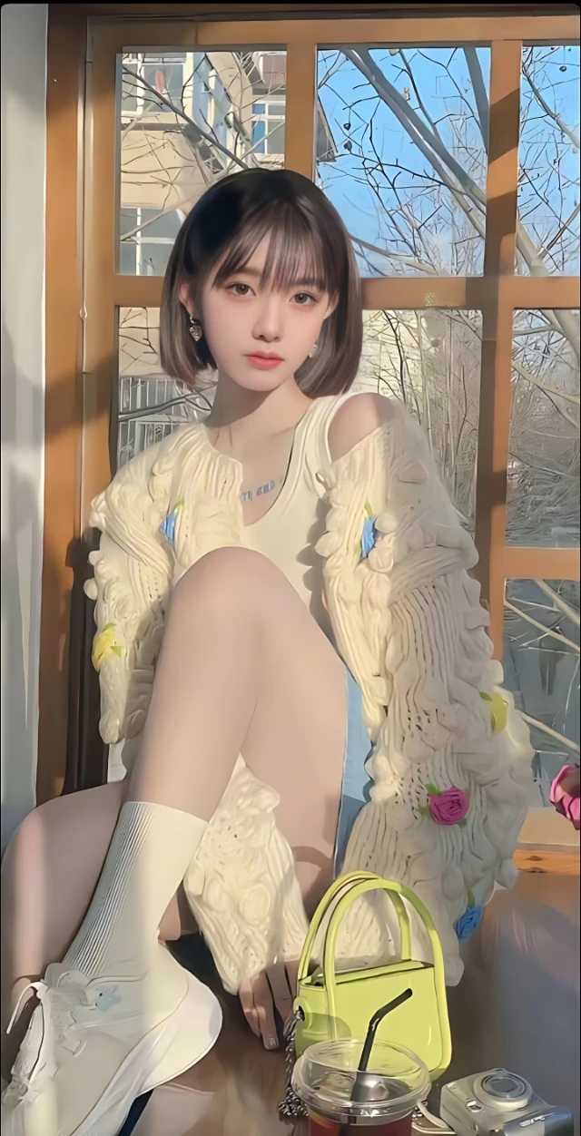短发黄色毛衣短裙清纯少女坐在窗边壁纸