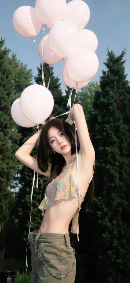 长发玉背漏脐装气球女生壁纸